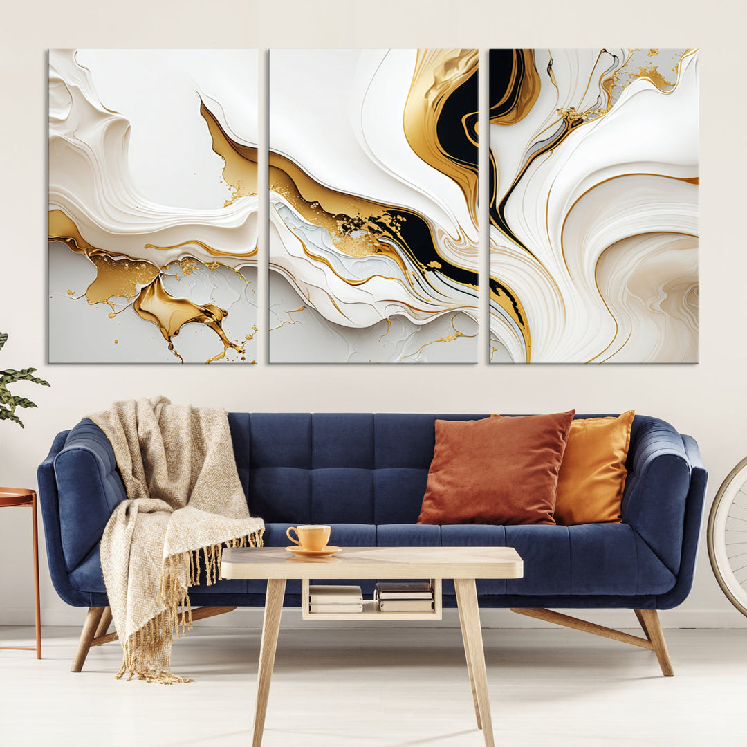 Abstract White and Gold Canvas Wall Art Print - Elegant Modern Design with Flowing White and Gold Accents, Perfect for Living Room or Office Decor