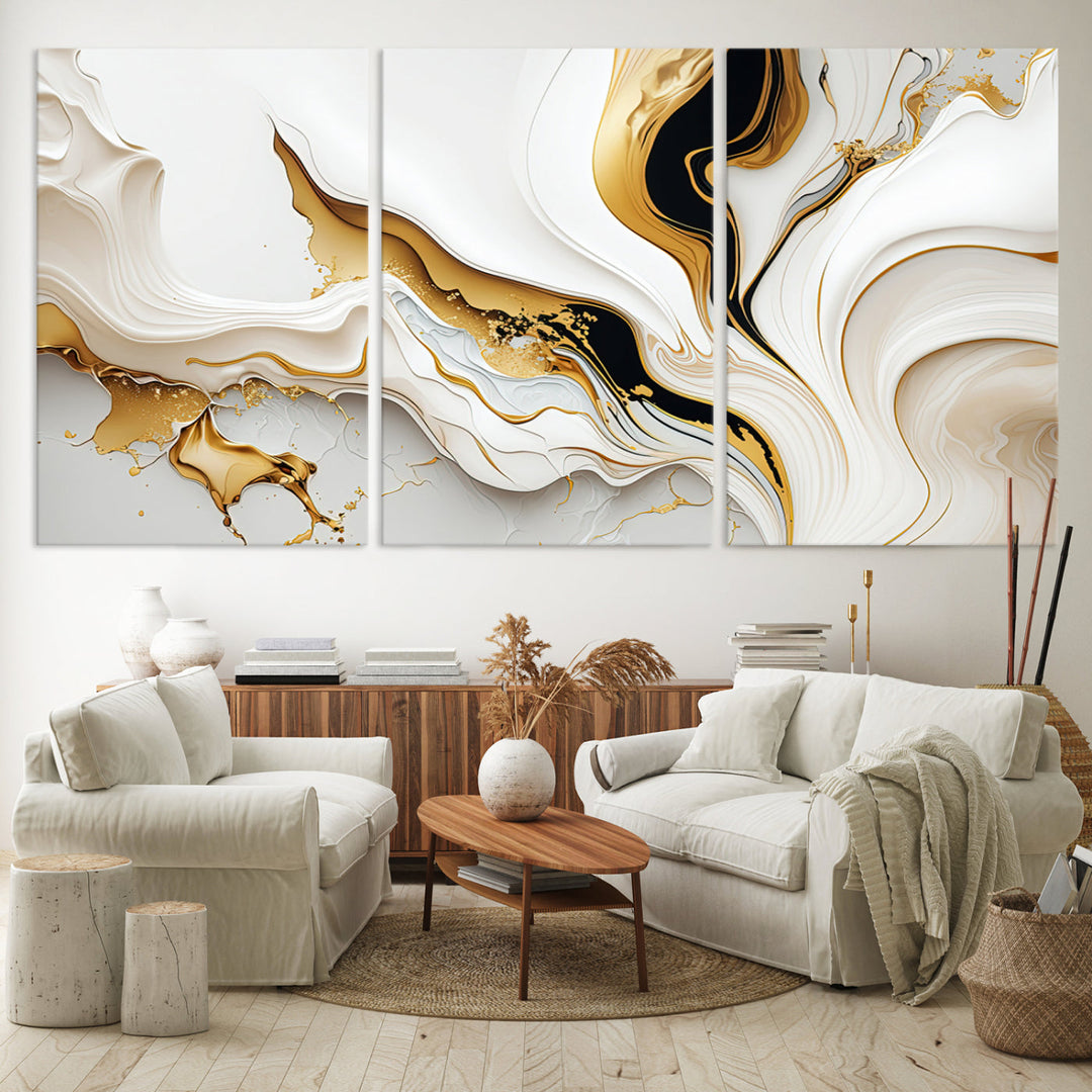 Abstract White and Gold Canvas Wall Art Print - Elegant Modern Design with Flowing White and Gold Accents, Perfect for Living Room or Office Decor