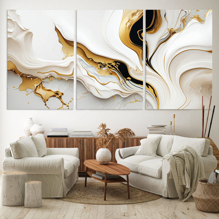 Abstract White and Gold Canvas Wall Art Print - Elegant Modern Design with Flowing White and Gold Accents, Perfect for Living Room or Office Decor