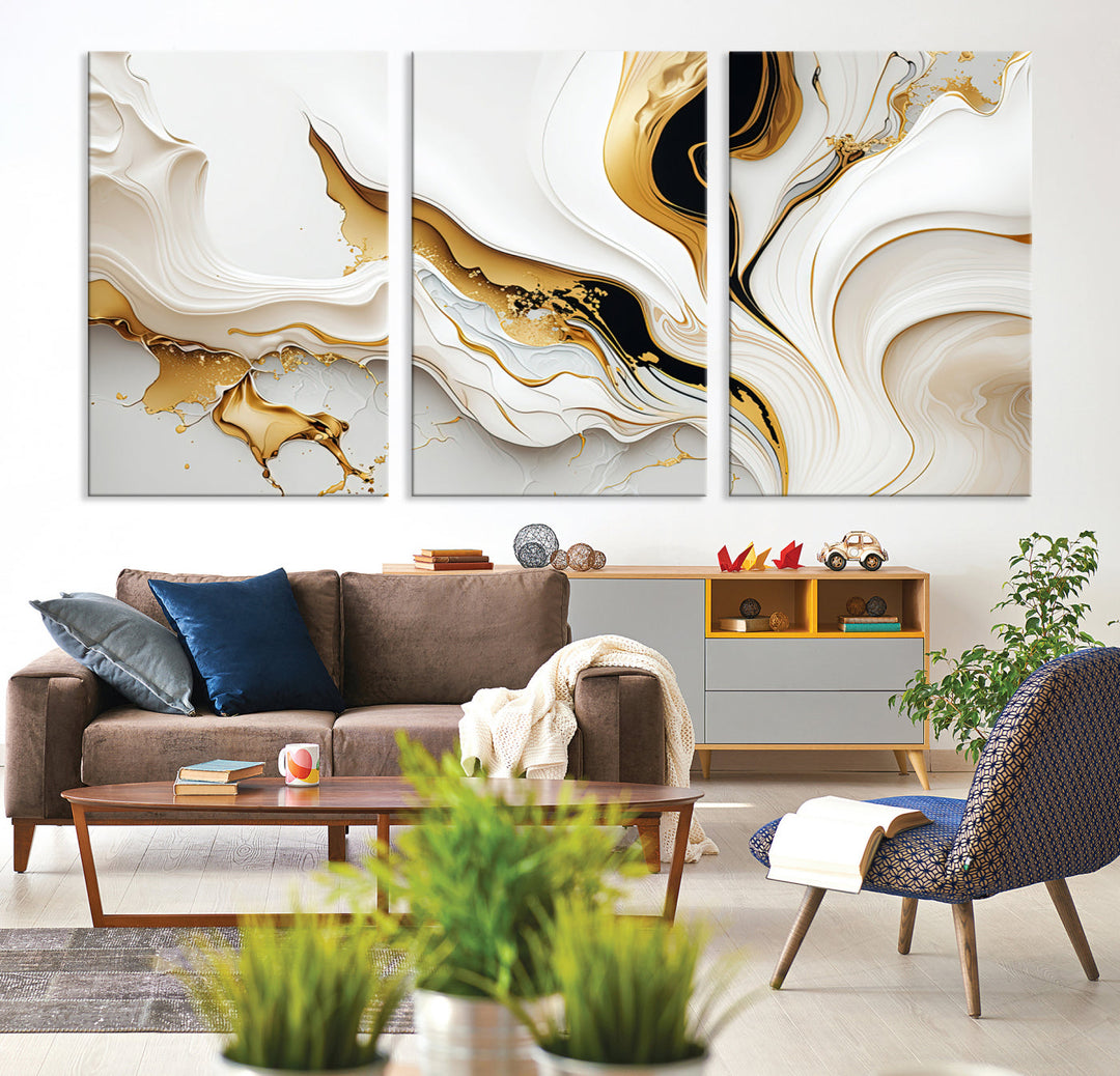 Abstract White and Gold Canvas Wall Art Print - Elegant Modern Design with Flowing White and Gold Accents, Perfect for Living Room or Office Decor