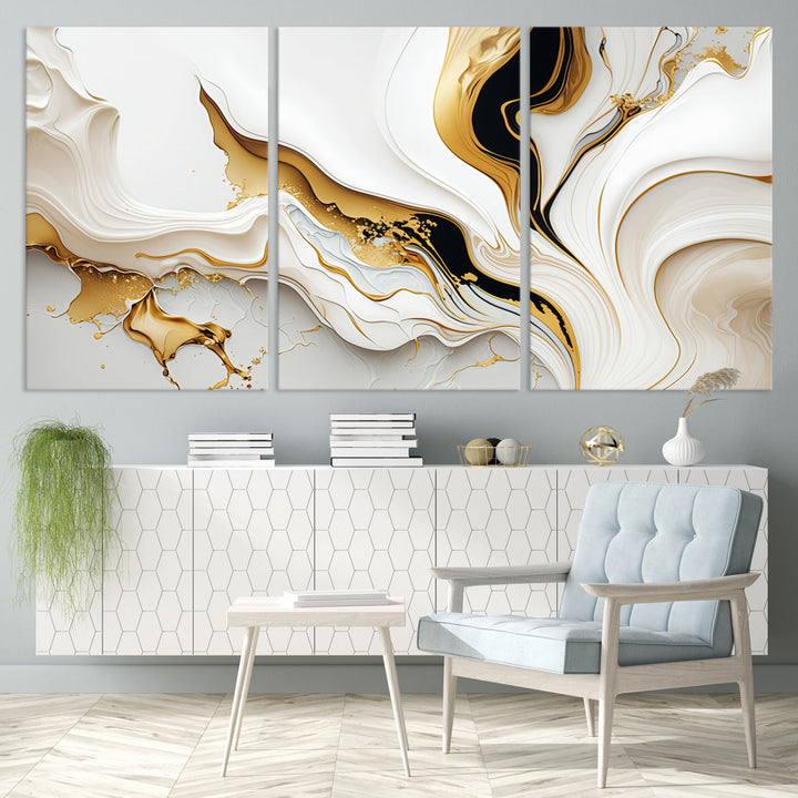 Abstract White and Gold Canvas Wall Art Print - Elegant Modern Design with Flowing White and Gold Accents, Perfect for Living Room or Office Decor