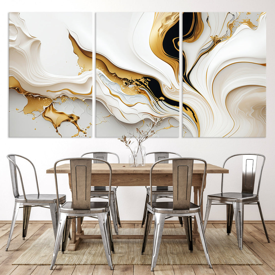 Abstract White and Gold Canvas Wall Art Print - Elegant Modern Design with Flowing White and Gold Accents, Perfect for Living Room or Office Decor