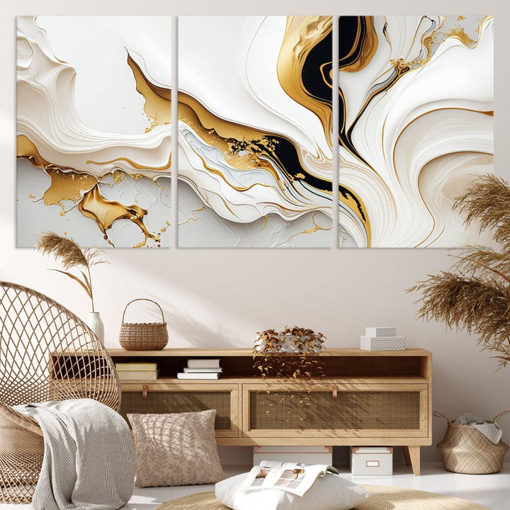 Abstract White and Gold Canvas Wall Art Print - Elegant Modern Design with Flowing White and Gold Accents, Perfect for Living Room or Office Decor