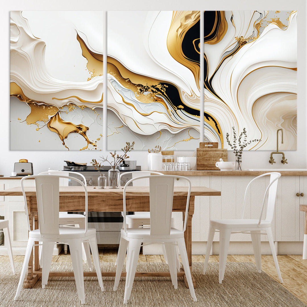 Abstract White and Gold Canvas Wall Art Print - Elegant Modern Design with Flowing White and Gold Accents, Perfect for Living Room or Office Decor