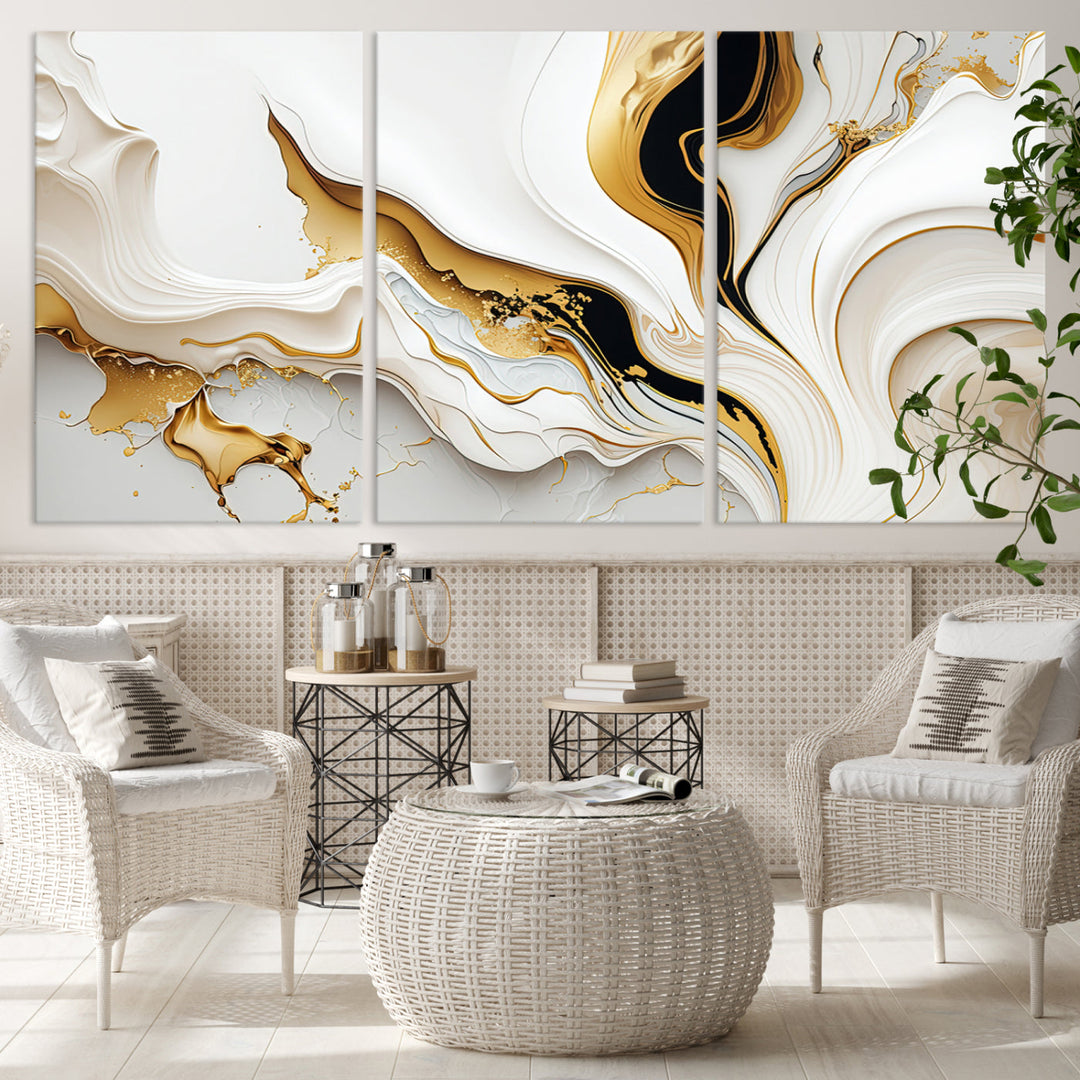 Abstract White and Gold Canvas Wall Art Print - Elegant Modern Design with Flowing White and Gold Accents, Perfect for Living Room or Office Decor