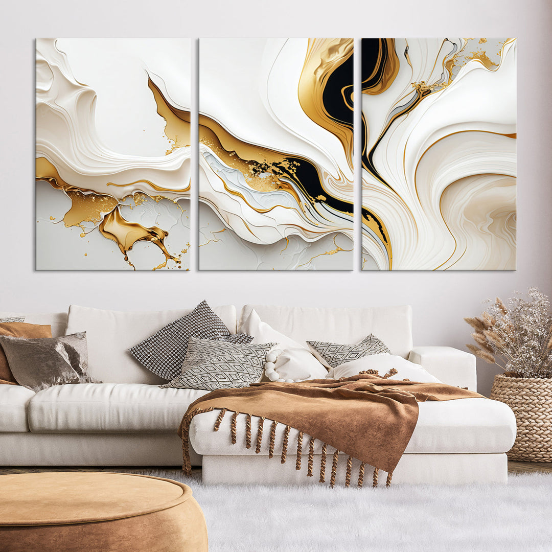 Abstract White and Gold Canvas Wall Art Print - Elegant Modern Design with Flowing White and Gold Accents, Perfect for Living Room or Office Decor