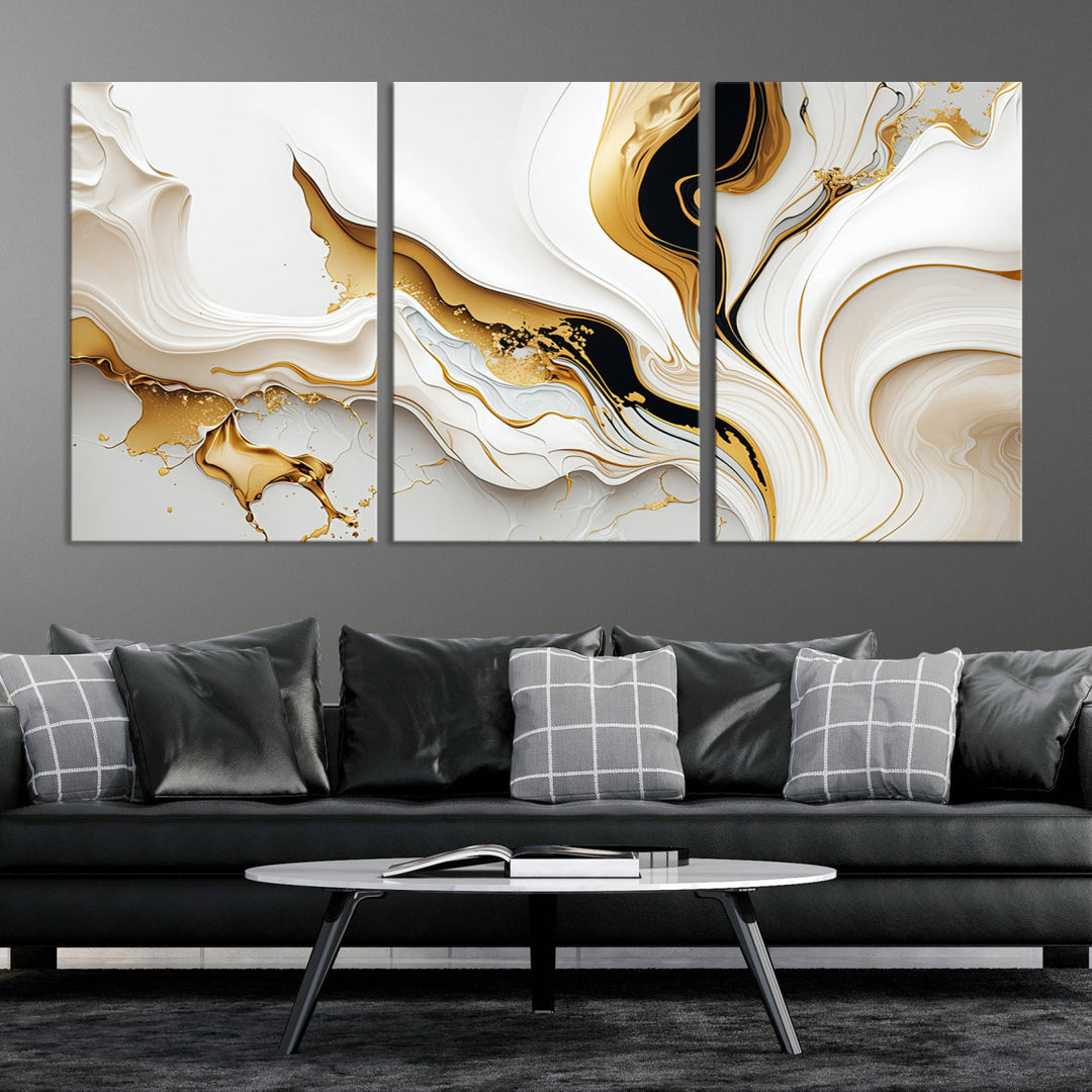 Abstract White and Gold Canvas Wall Art Print - Elegant Modern Design with Flowing White and Gold Accents, Perfect for Living Room or Office Decor