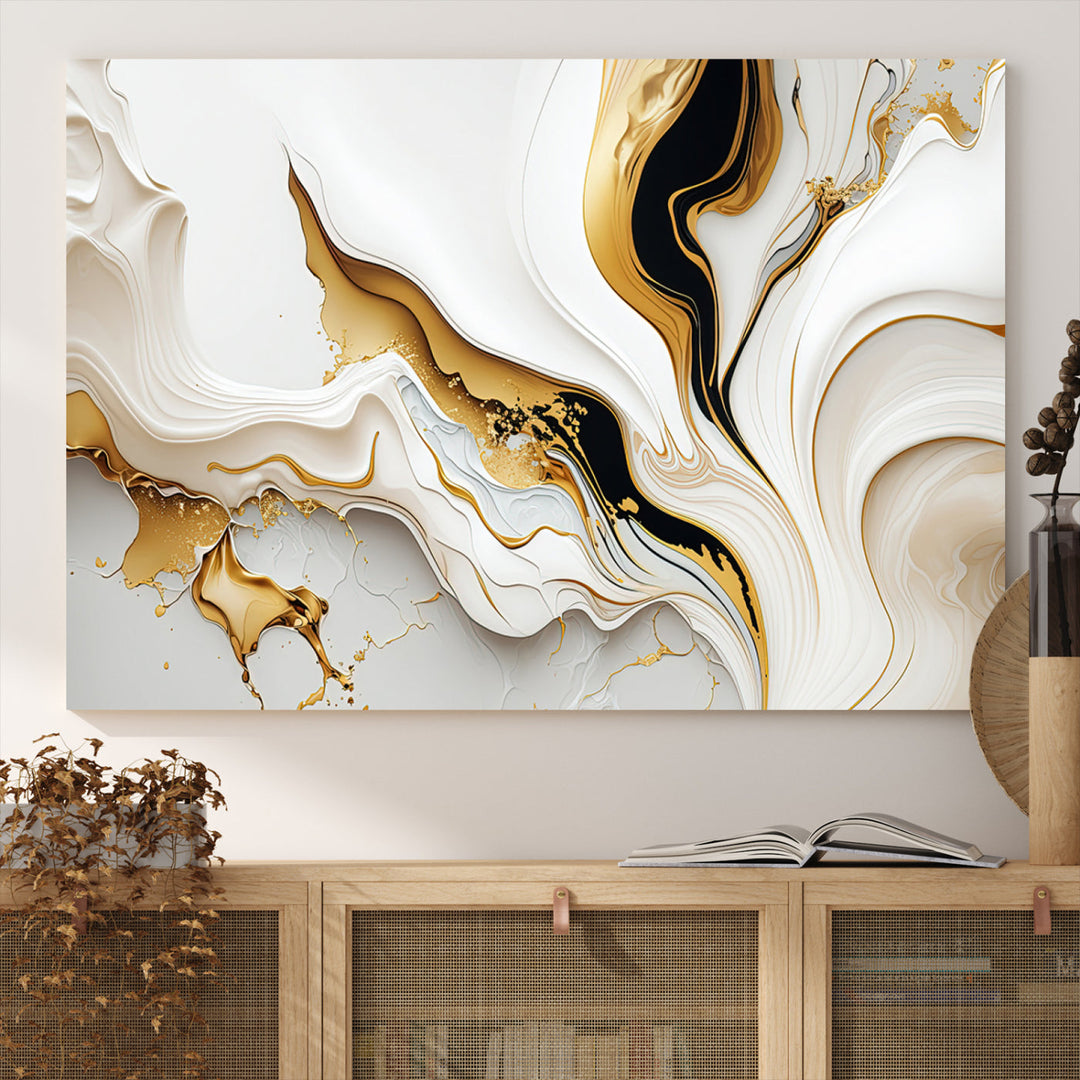 Abstract White and Gold Canvas Wall Art Print - Elegant Modern Design with Flowing White and Gold Accents, Perfect for Living Room or Office Decor