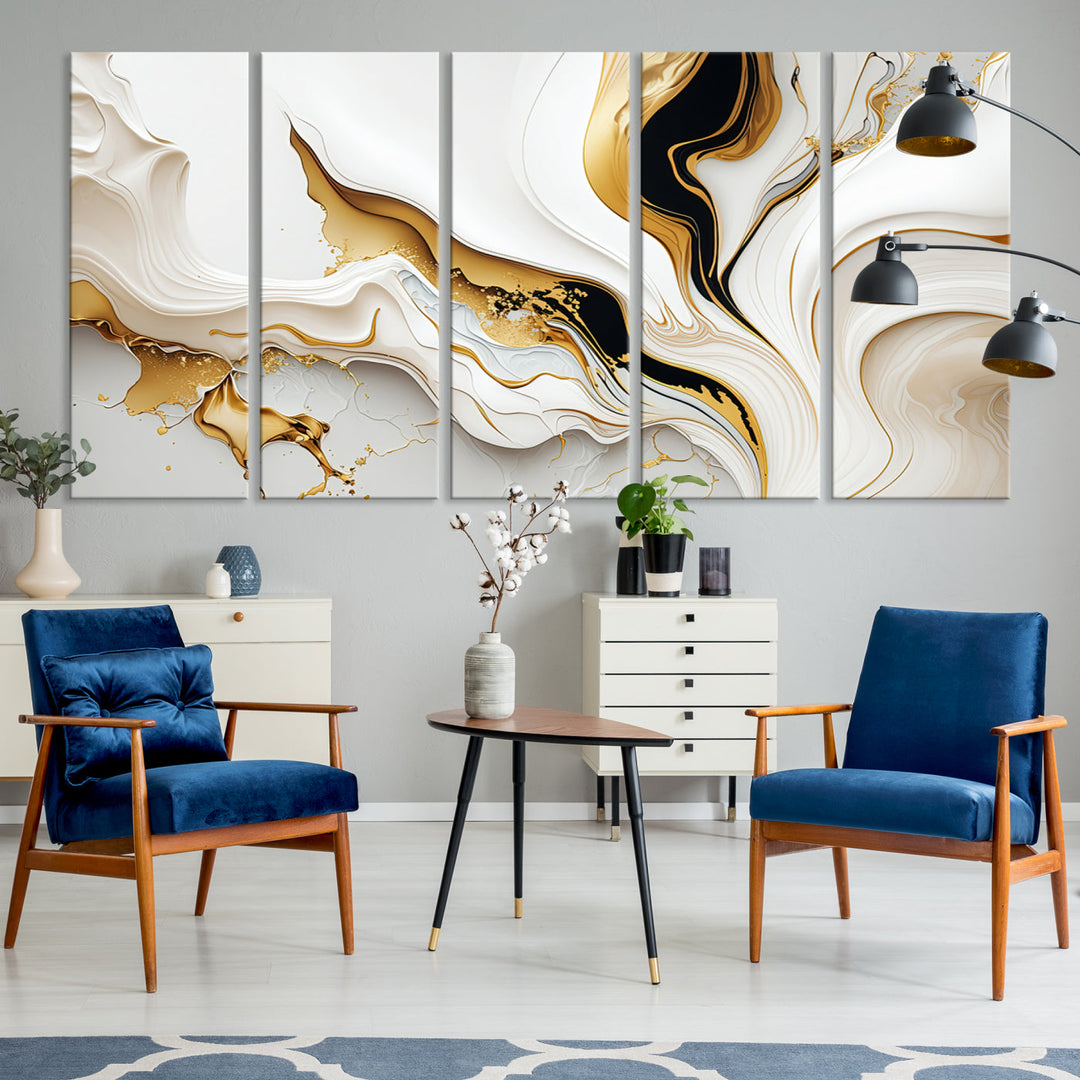 Abstract White and Gold Canvas Wall Art Print - Elegant Modern Design with Flowing White and Gold Accents, Perfect for Living Room or Office Decor