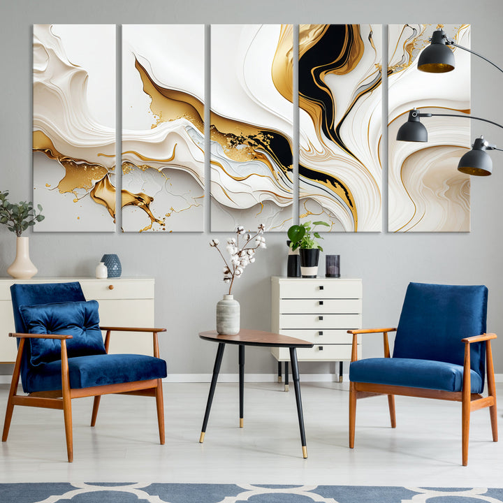 Abstract White and Gold Canvas Wall Art Print - Elegant Modern Design with Flowing White and Gold Accents, Perfect for Living Room or Office Decor