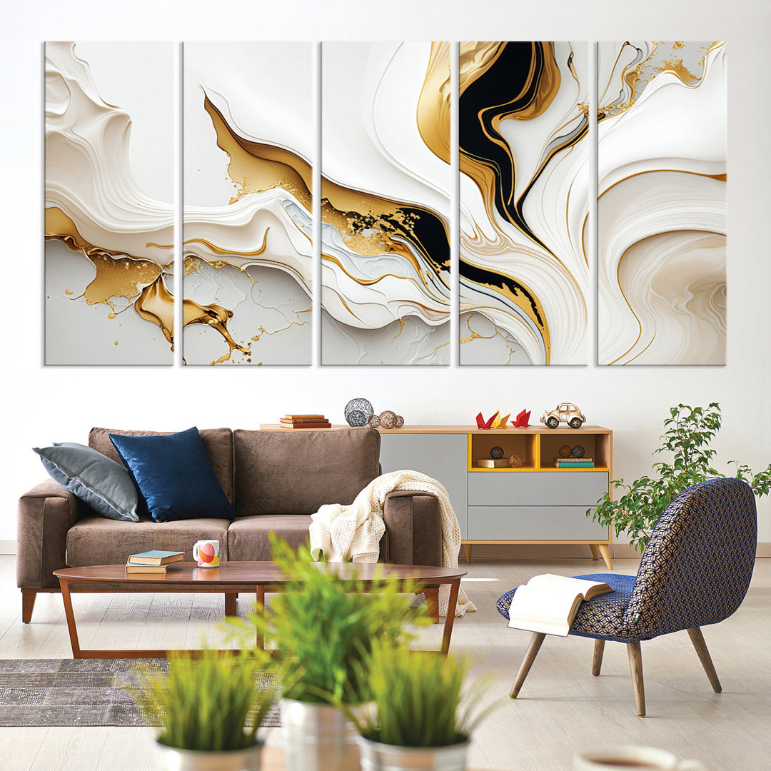 Abstract White and Gold Canvas Wall Art Print - Elegant Modern Design with Flowing White and Gold Accents, Perfect for Living Room or Office Decor