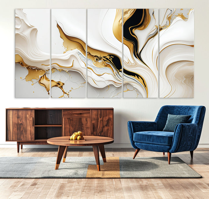 Abstract White and Gold Canvas Wall Art Print - Elegant Modern Design with Flowing White and Gold Accents, Perfect for Living Room or Office Decor