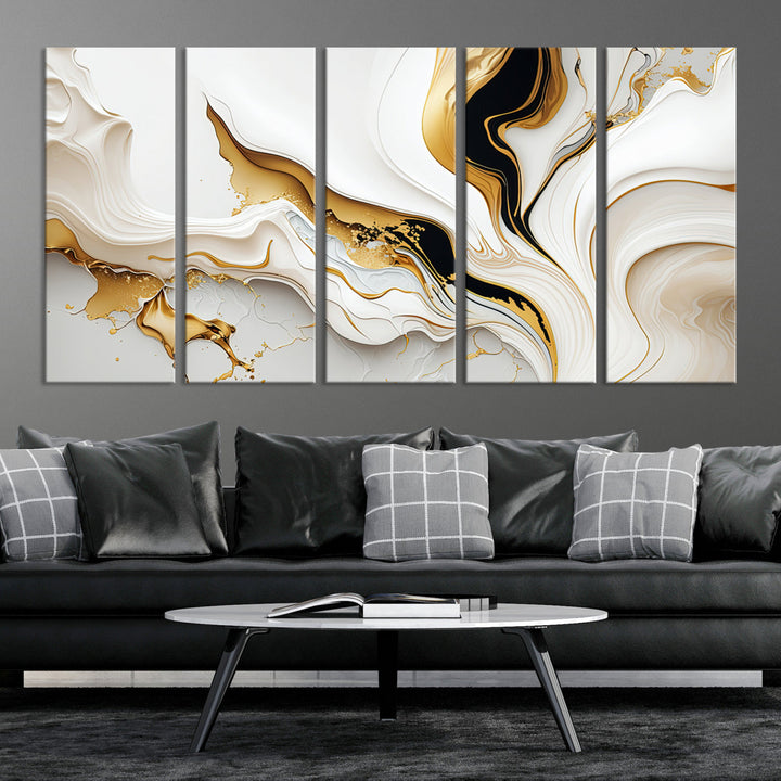 Abstract White and Gold Canvas Wall Art Print - Elegant Modern Design with Flowing White and Gold Accents, Perfect for Living Room or Office Decor