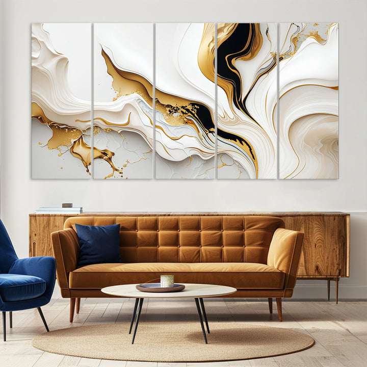 Abstract White and Gold Canvas Wall Art Print - Elegant Modern Design with Flowing White and Gold Accents, Perfect for Living Room or Office Decor