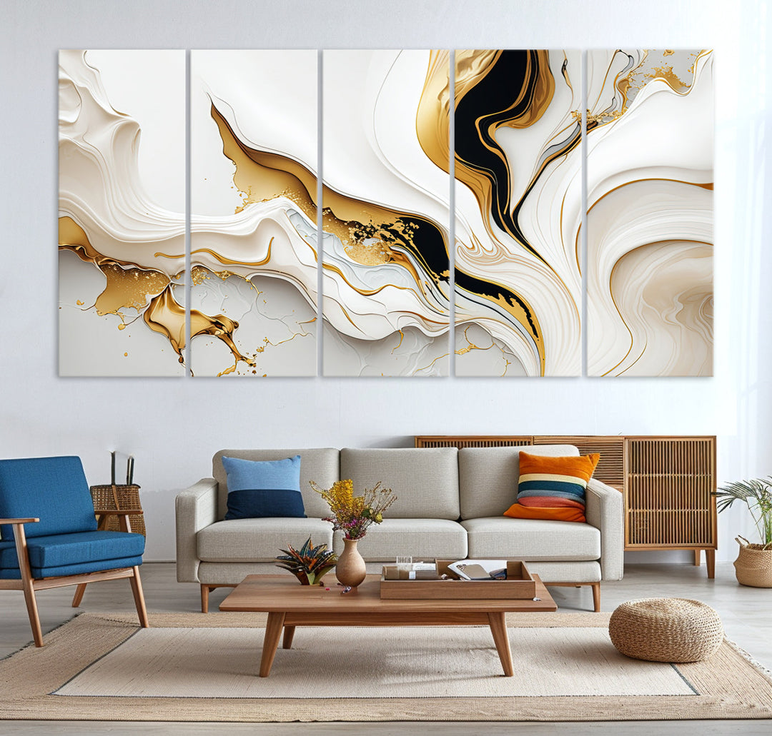 Abstract White and Gold Canvas Wall Art Print - Elegant Modern Design with Flowing White and Gold Accents, Perfect for Living Room or Office Decor