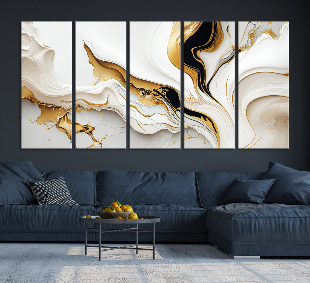 Abstract White and Gold Canvas Wall Art Print - Elegant Modern Design with Flowing White and Gold Accents, Perfect for Living Room or Office Decor