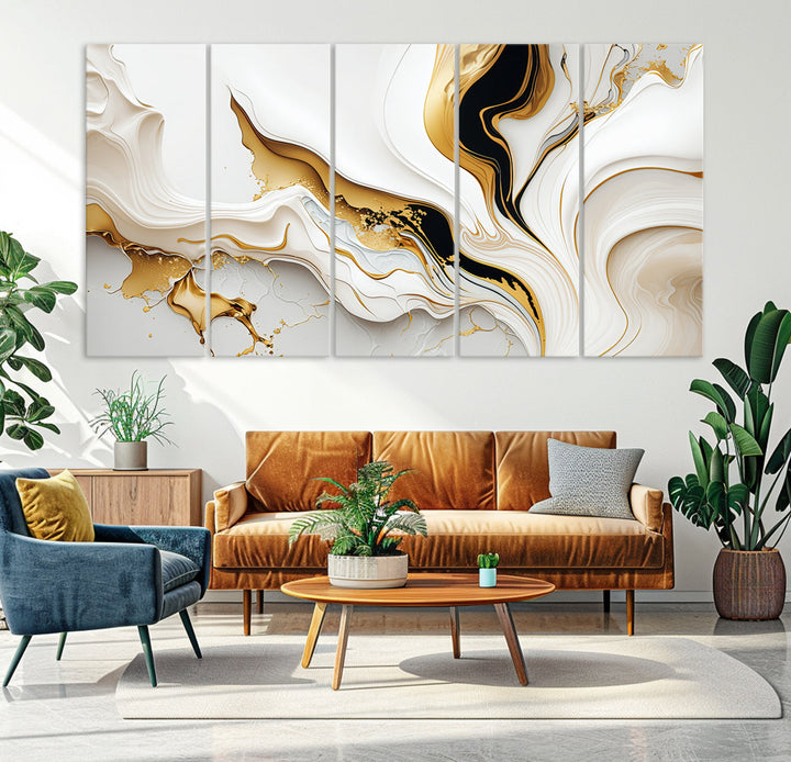 Abstract White and Gold Canvas Wall Art Print - Elegant Modern Design with Flowing White and Gold Accents, Perfect for Living Room or Office Decor