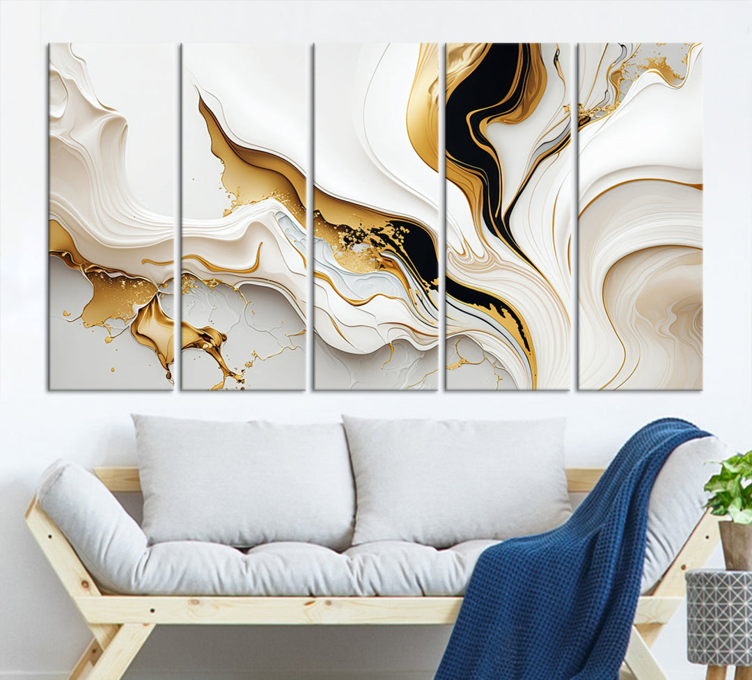 Abstract White and Gold Canvas Wall Art Print - Elegant Modern Design with Flowing White and Gold Accents, Perfect for Living Room or Office Decor