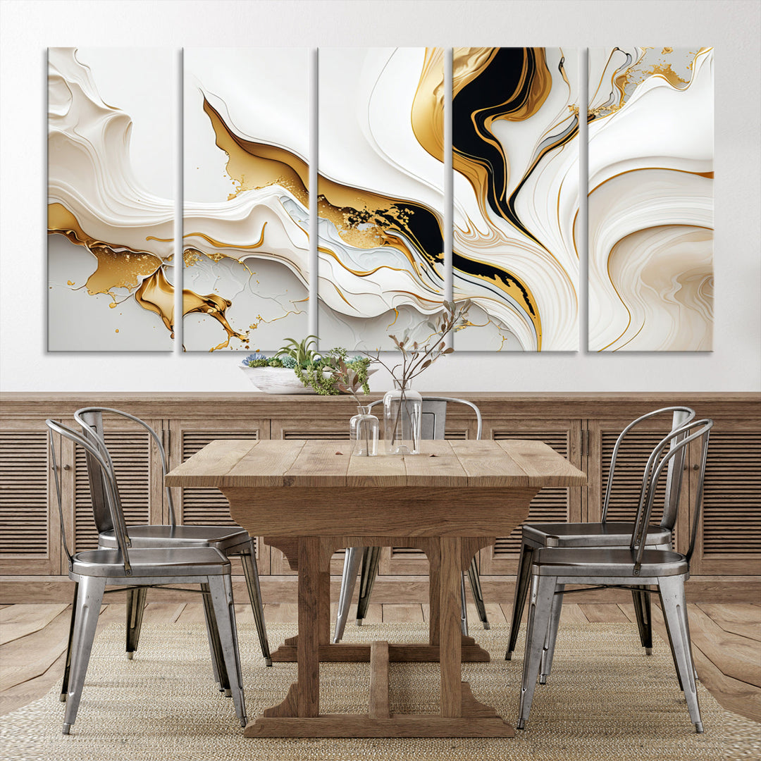 Abstract White and Gold Canvas Wall Art Print - Elegant Modern Design with Flowing White and Gold Accents, Perfect for Living Room or Office Decor