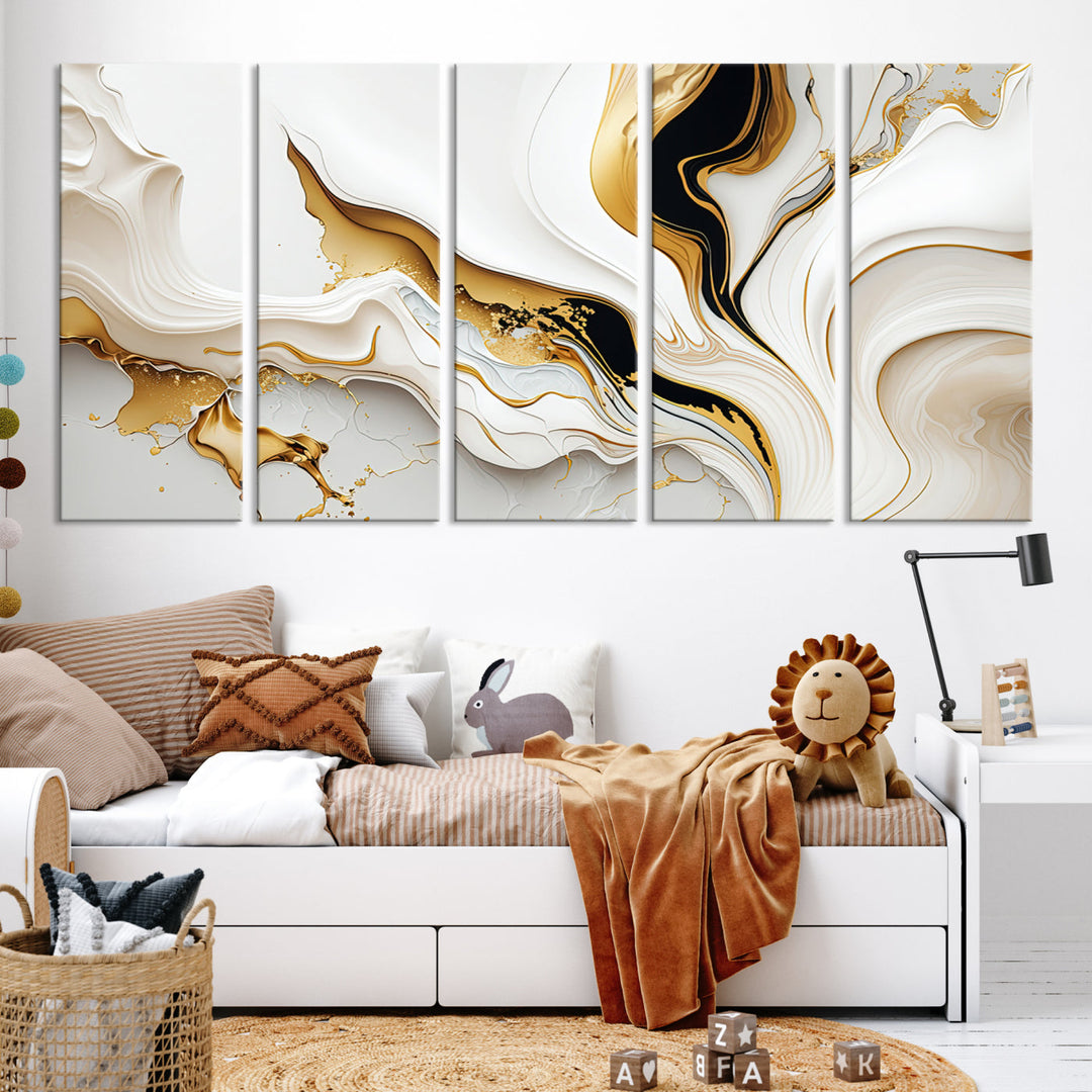 Abstract White and Gold Canvas Wall Art Print - Elegant Modern Design with Flowing White and Gold Accents, Perfect for Living Room or Office Decor