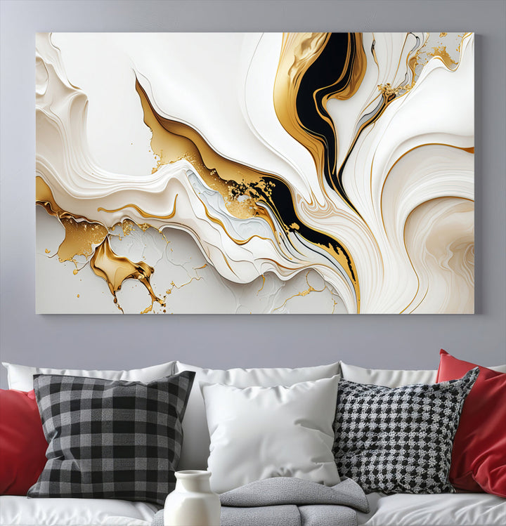 Abstract White and Gold Canvas Wall Art Print - Elegant Modern Design with Flowing White and Gold Accents, Perfect for Living Room or Office Decor