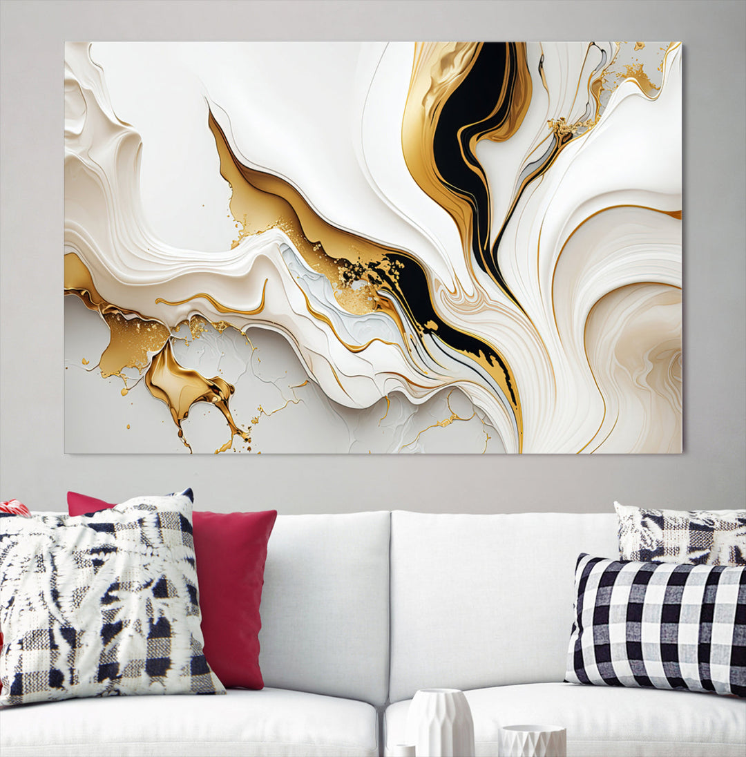 Abstract White and Gold Canvas Wall Art Print - Elegant Modern Design with Flowing White and Gold Accents, Perfect for Living Room or Office Decor