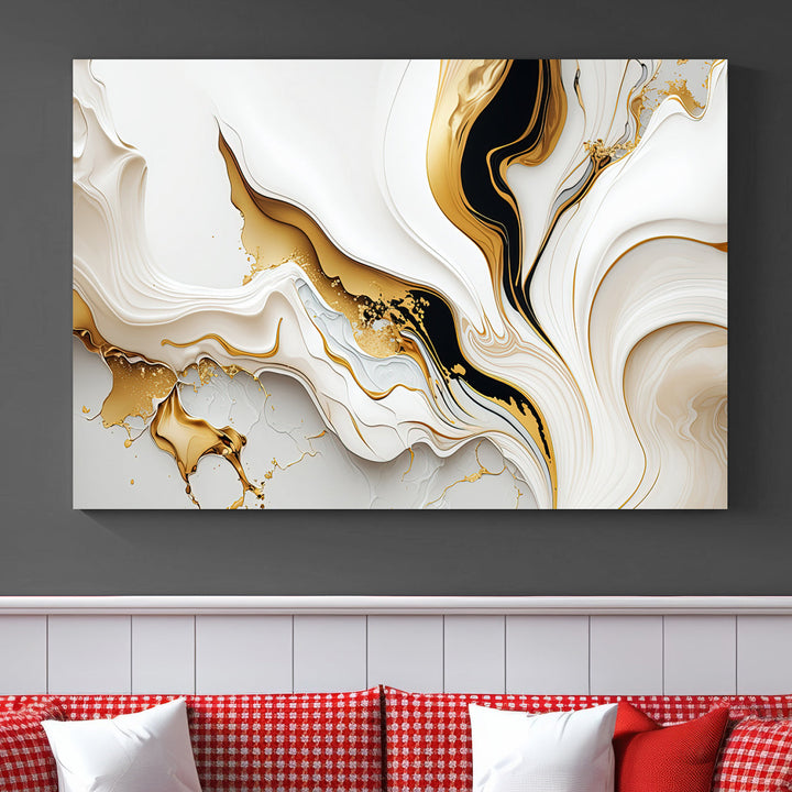 Abstract White and Gold Canvas Wall Art Print - Elegant Modern Design with Flowing White and Gold Accents, Perfect for Living Room or Office Decor