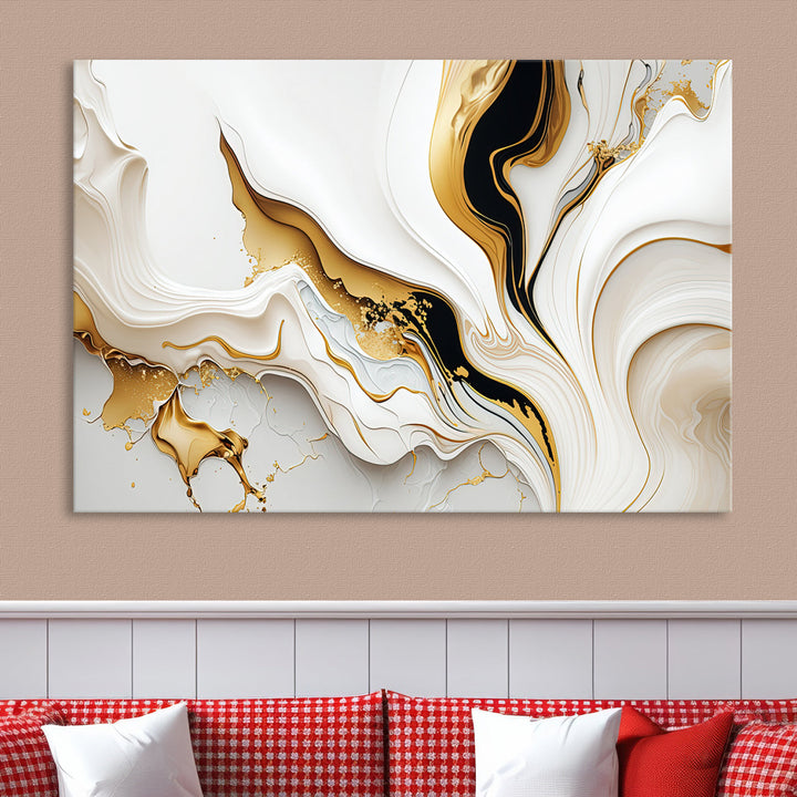 Abstract White and Gold Canvas Wall Art Print - Elegant Modern Design with Flowing White and Gold Accents, Perfect for Living Room or Office Decor