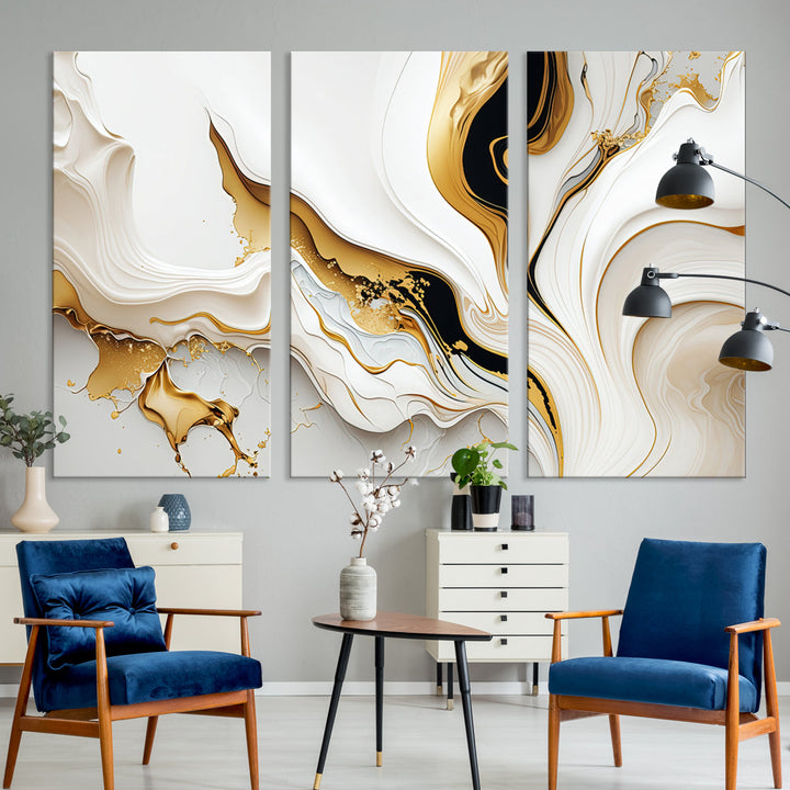 Abstract White and Gold Canvas Wall Art Print - Elegant Modern Design with Flowing White and Gold Accents, Perfect for Living Room or Office Decor