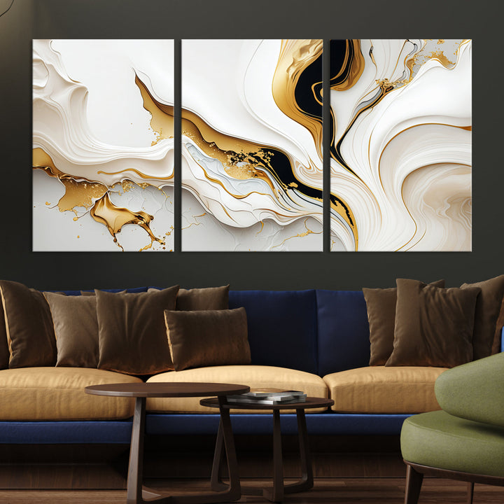 Abstract White and Gold Canvas Wall Art Print - Elegant Modern Design with Flowing White and Gold Accents, Perfect for Living Room or Office Decor