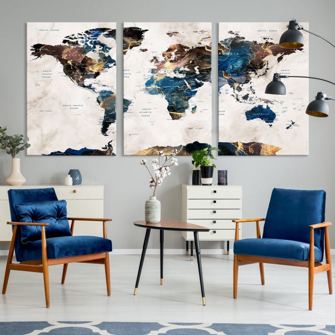 Extra Large Abstract Watercolor World Map Wall Art Canvas Print