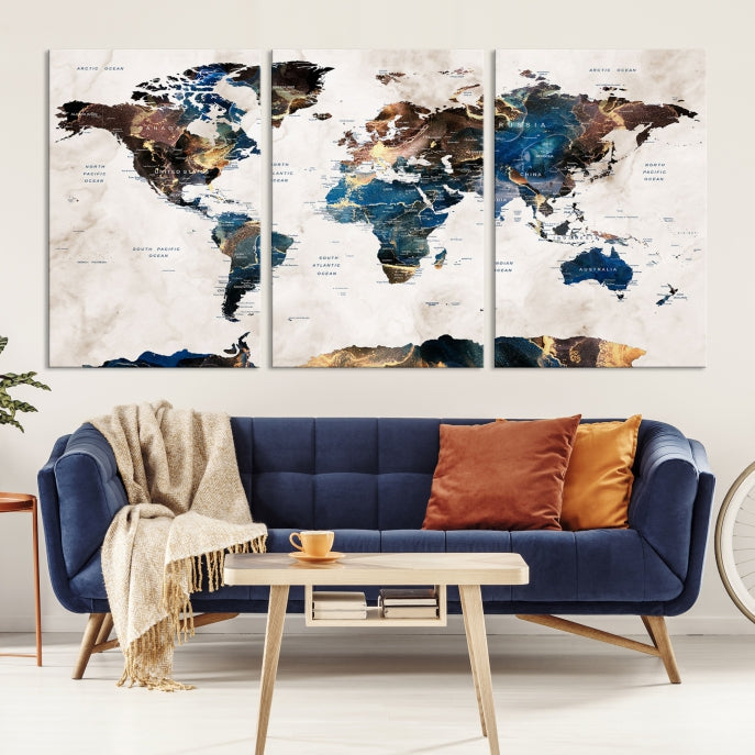 Extra Large Abstract Watercolor World Map Wall Art Canvas Print