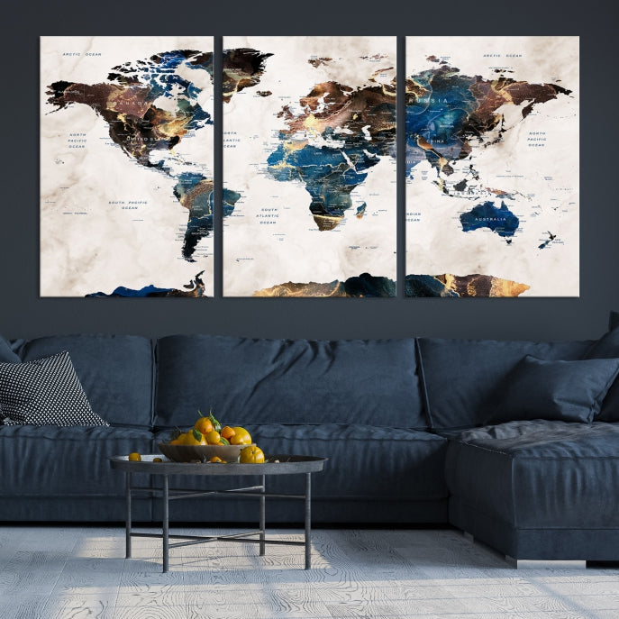 Extra Large Abstract Watercolor World Map Wall Art Canvas Print