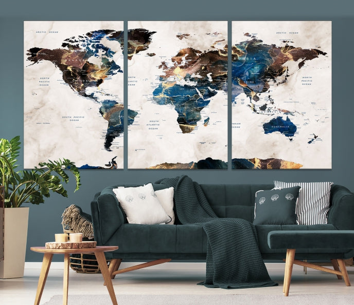 Extra Large Abstract Watercolor World Map Wall Art Canvas Print