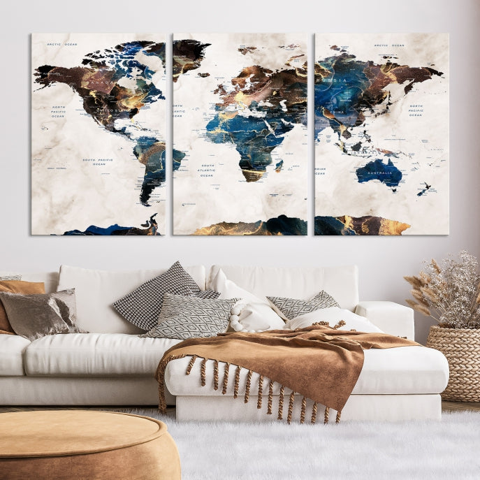 Extra Large Abstract Watercolor World Map Wall Art Canvas Print