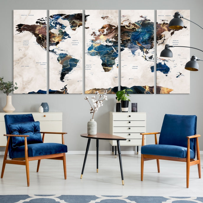 Extra Large Abstract Watercolor World Map Wall Art Canvas Print