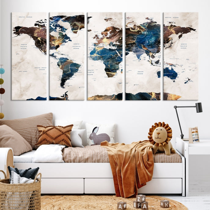 Extra Large Abstract Watercolor World Map Wall Art Canvas Print