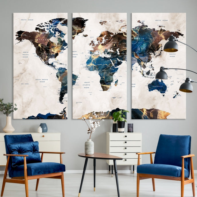 Extra Large Abstract Watercolor World Map Wall Art Canvas Print