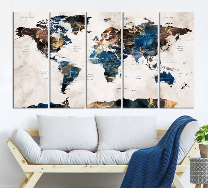 Extra Large Abstract Watercolor World Map Wall Art Canvas Print