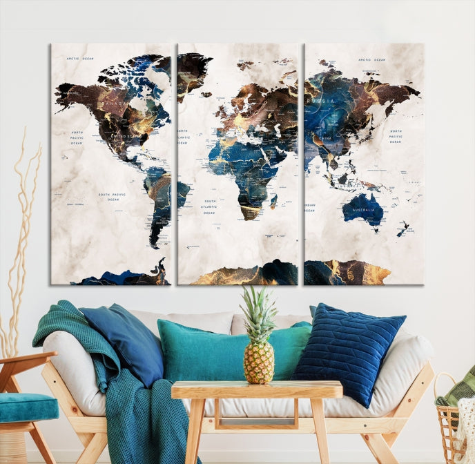 Extra Large Abstract Watercolor World Map Wall Art Canvas Print