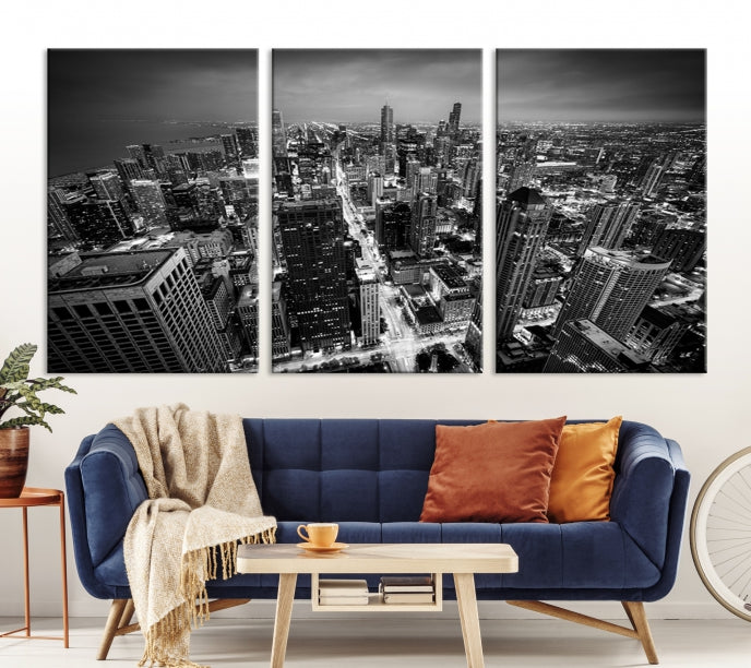 Aerial View of Chicago Black and White Skyline City Picture Wall Art Canvas Print