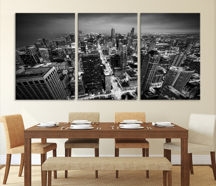 Aerial View of Chicago Black and White Skyline City Picture Wall Art Canvas Print