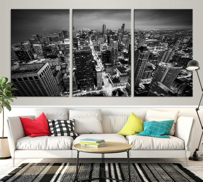 Aerial View of Chicago Black and White Skyline City Picture Wall Art Canvas Print