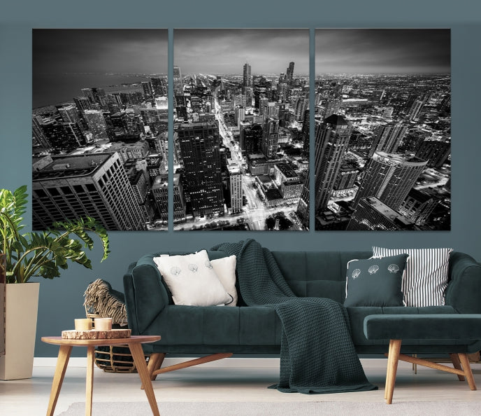 Aerial View of Chicago Black and White Skyline City Picture Wall Art Canvas Print