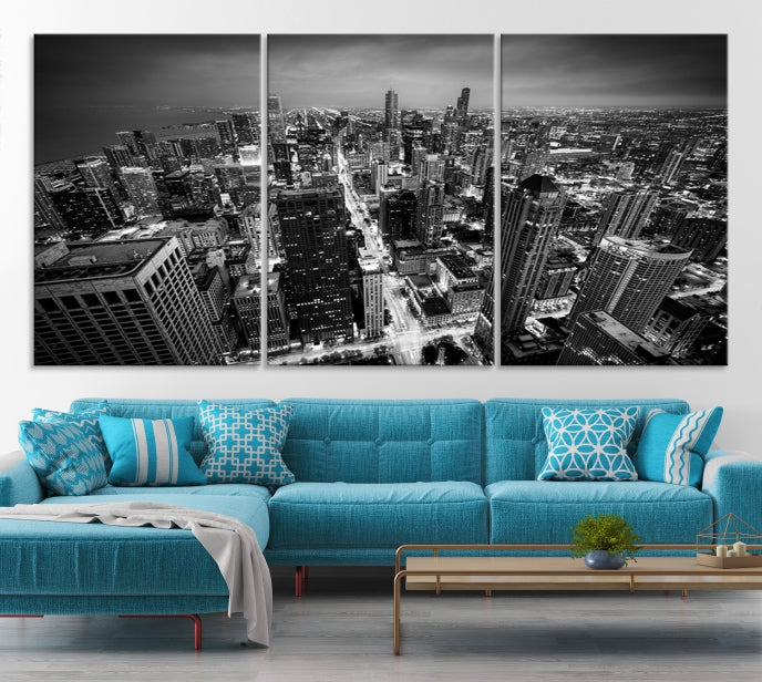 Aerial View of Chicago Black and White Skyline City Picture Wall Art Canvas Print