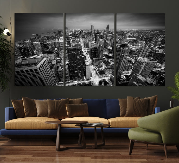 Aerial View of Chicago Black and White Skyline City Picture Wall Art Canvas Print