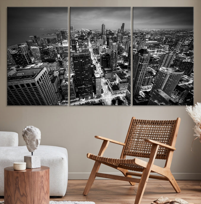 Aerial View of Chicago Black and White Skyline City Picture Wall Art Canvas Print