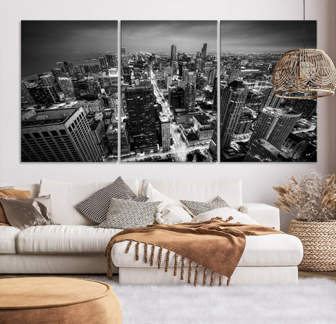 Aerial View of Chicago Black and White Skyline City Picture Wall Art Canvas Print