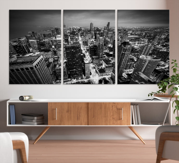 Aerial View of Chicago Black and White Skyline City Picture Wall Art Canvas Print