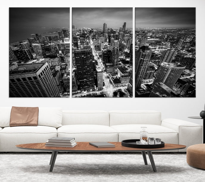 Aerial View of Chicago Black and White Skyline City Picture Wall Art Canvas Print